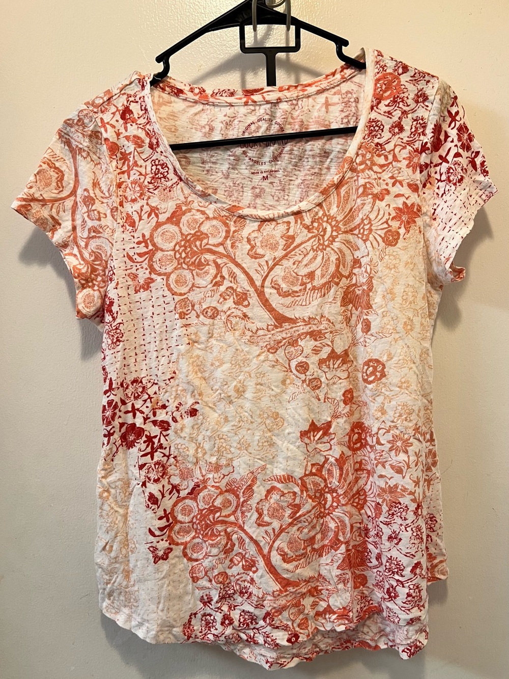 Lucky Brand Coral and White Floral Scoop Neck Tee